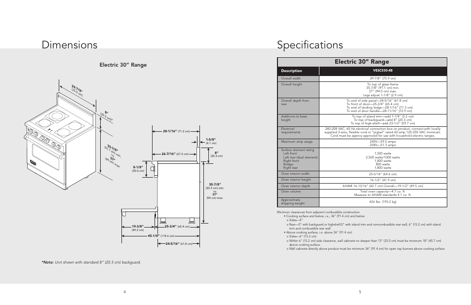 Dimensions, Specifications, Electric 30” range | Viking F20508 User Manual | Page 3 / 12