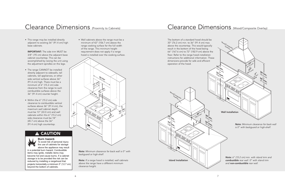 Clearance dimensions (proximity to cabinets), Clearance dimensions (wood/composite overlay), Clearance dimensions | Caution, Wood/composite overlay), Proximity to cabinets), Burn hazard | Viking F20508 User Manual | Page 4 / 12