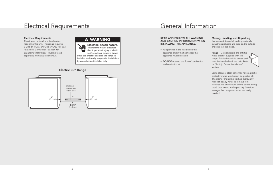 Electrical requirements, General information, Warning | Electric 30” range | Viking F20508 User Manual | Page 5 / 12