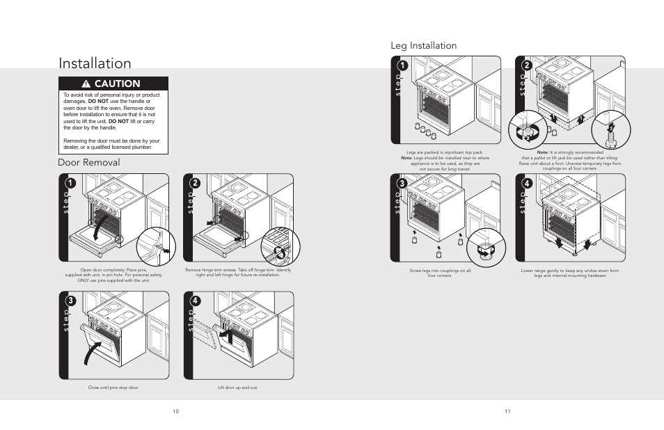 Installation, Door removal, Leg installation | General information installation, Warning danger caution for your safety | Viking F20508 User Manual | Page 6 / 12