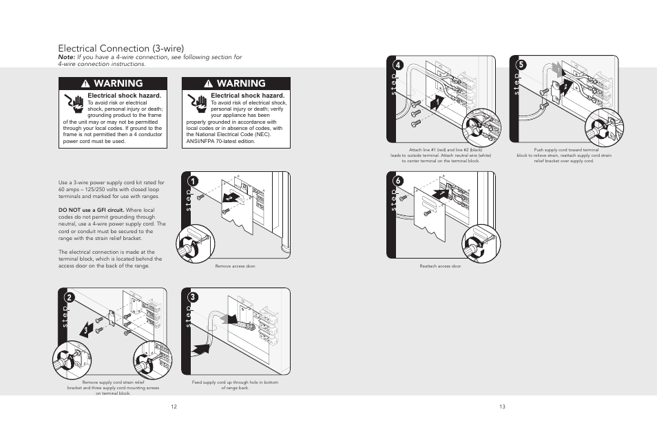 Electrical connection (3-wire), Leg installation, Warning | Viking F20508 User Manual | Page 7 / 12