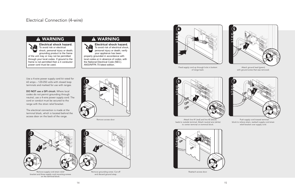 Electrical connection (4-wire), Electrical connection (3-wire), Electrical connection (4-wire) warning | Warning | Viking F20508 User Manual | Page 8 / 12