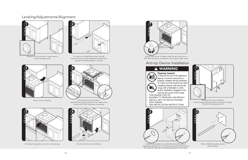 Leveling/adjustments/alignment, Anti-tip device installation, Warning | Tipping hazard | Viking F20508 User Manual | Page 9 / 12