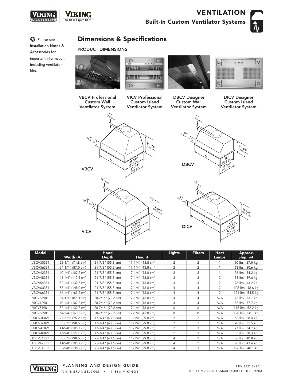 Ventilation, Dimensions & specifications, Built-in custom ventilator systems | Product dimensions, Vbcv vicv dbcv dicv | Viking DBCV User Manual | Page 2 / 4