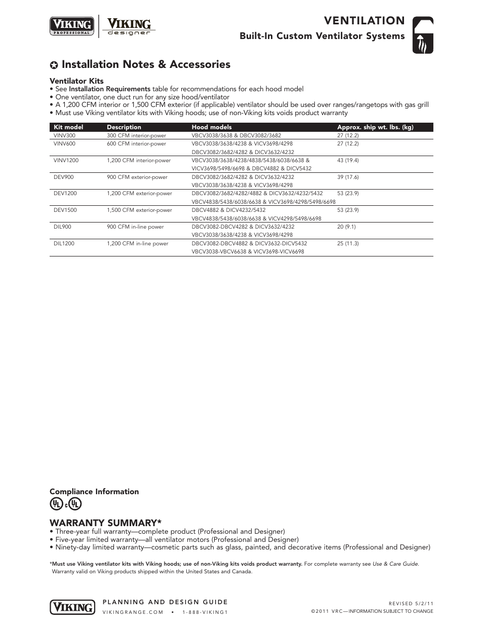 Ventilation, Built-in custom ventilator systems, Warranty summary | Ventilator kits, Compliance information | Viking DBCV User Manual | Page 4 / 4