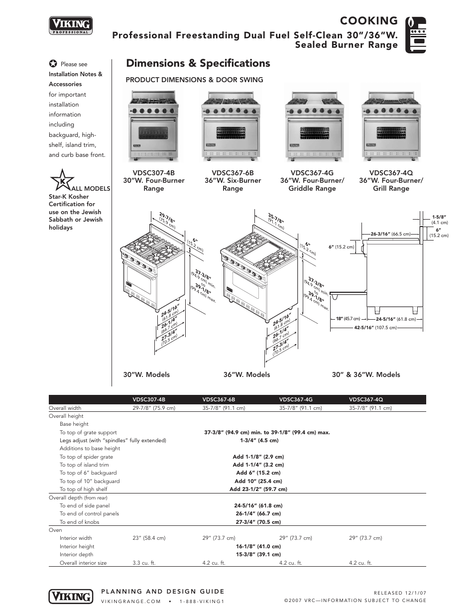 Cooking, Dimensions & specifications | Viking VDSC367-6B User Manual | Page 2 / 6