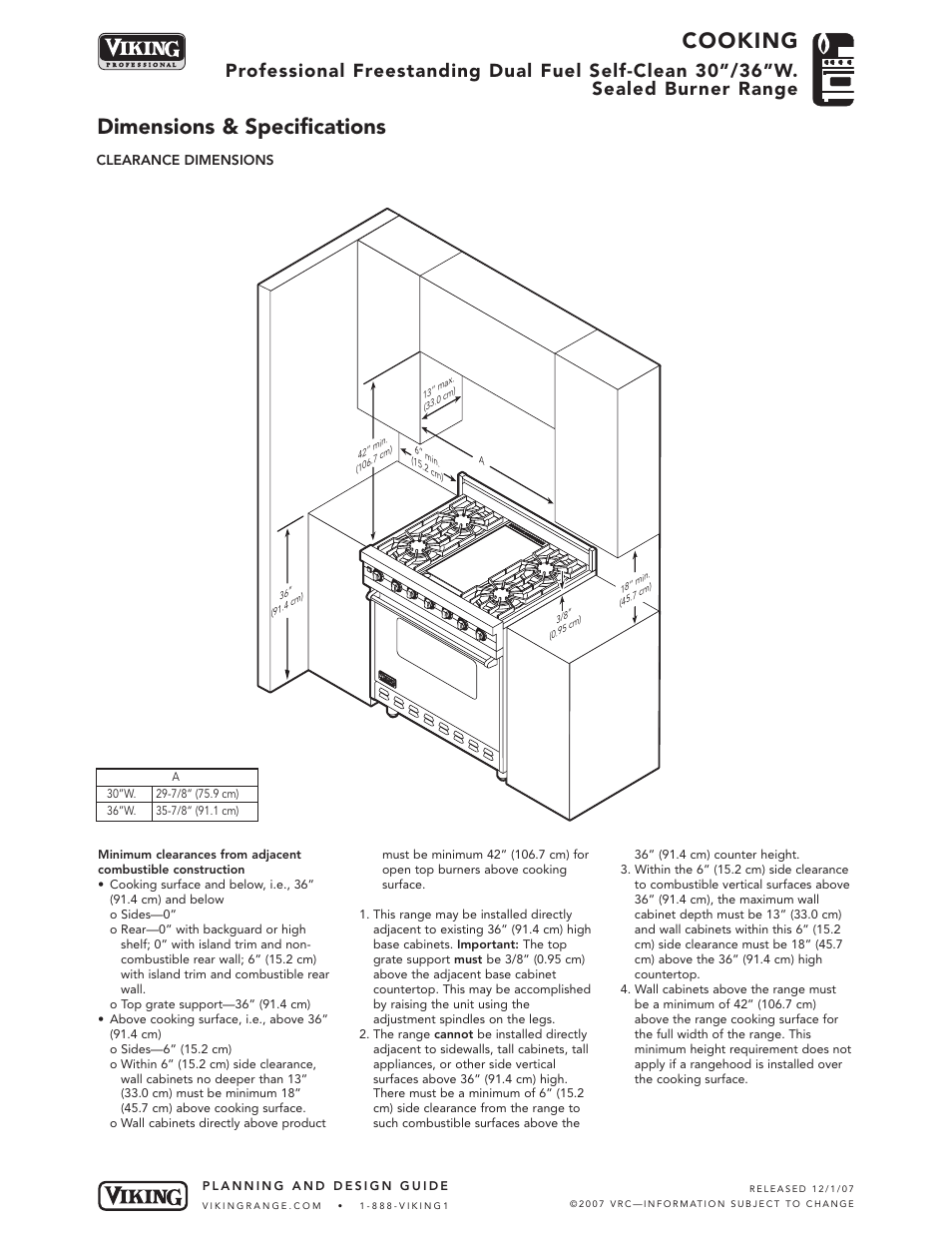 Cooking, Dimensions & specifications | Viking VDSC367-6B User Manual | Page 3 / 6