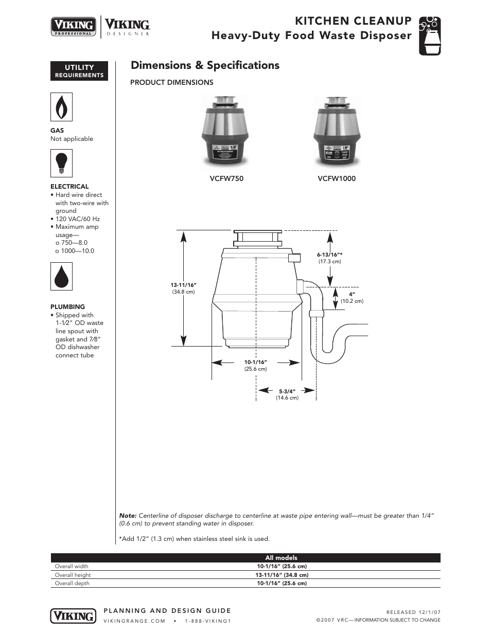 Kitchen cleanup heavy-duty food waste disposer, Dimensions & specifications | Viking VCFW750 User Manual | Page 2 / 3