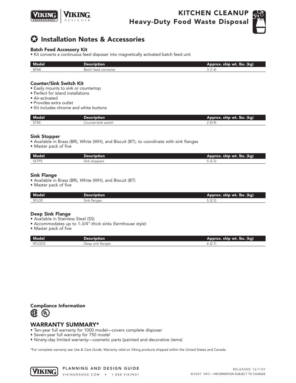 Kitchen cleanup heavy-duty food waste disposal, Warranty summary | Viking VCFW750 User Manual | Page 3 / 3