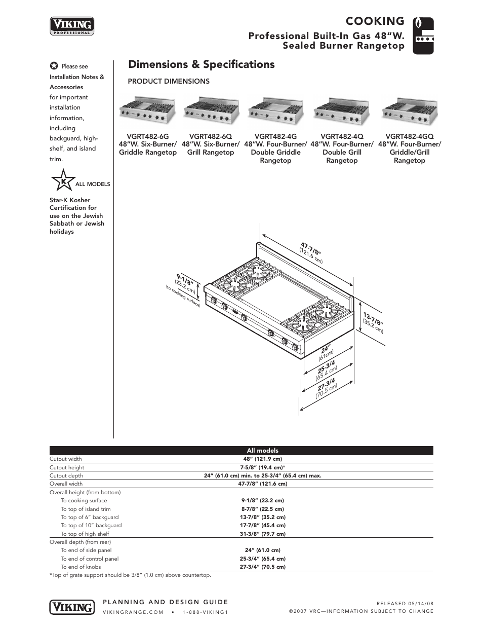 Cooking, Dimensions & specifications | Viking 48" W User Manual | Page 3 / 6