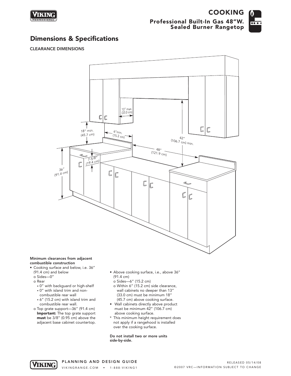 Cooking, Dimensions & specifications | Viking 48" W User Manual | Page 4 / 6