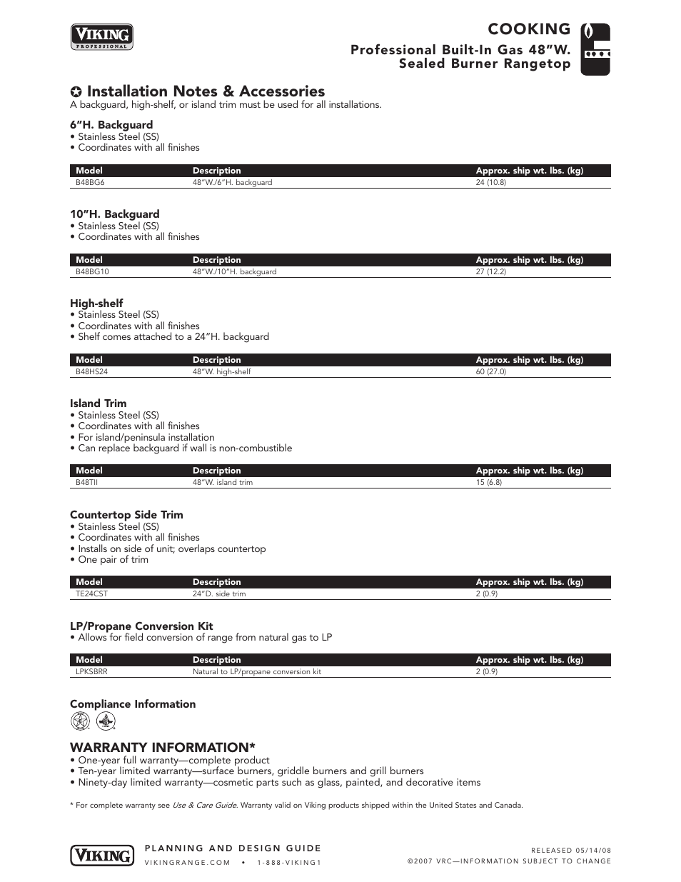 Cooking, Warranty information | Viking 48" W User Manual | Page 6 / 6