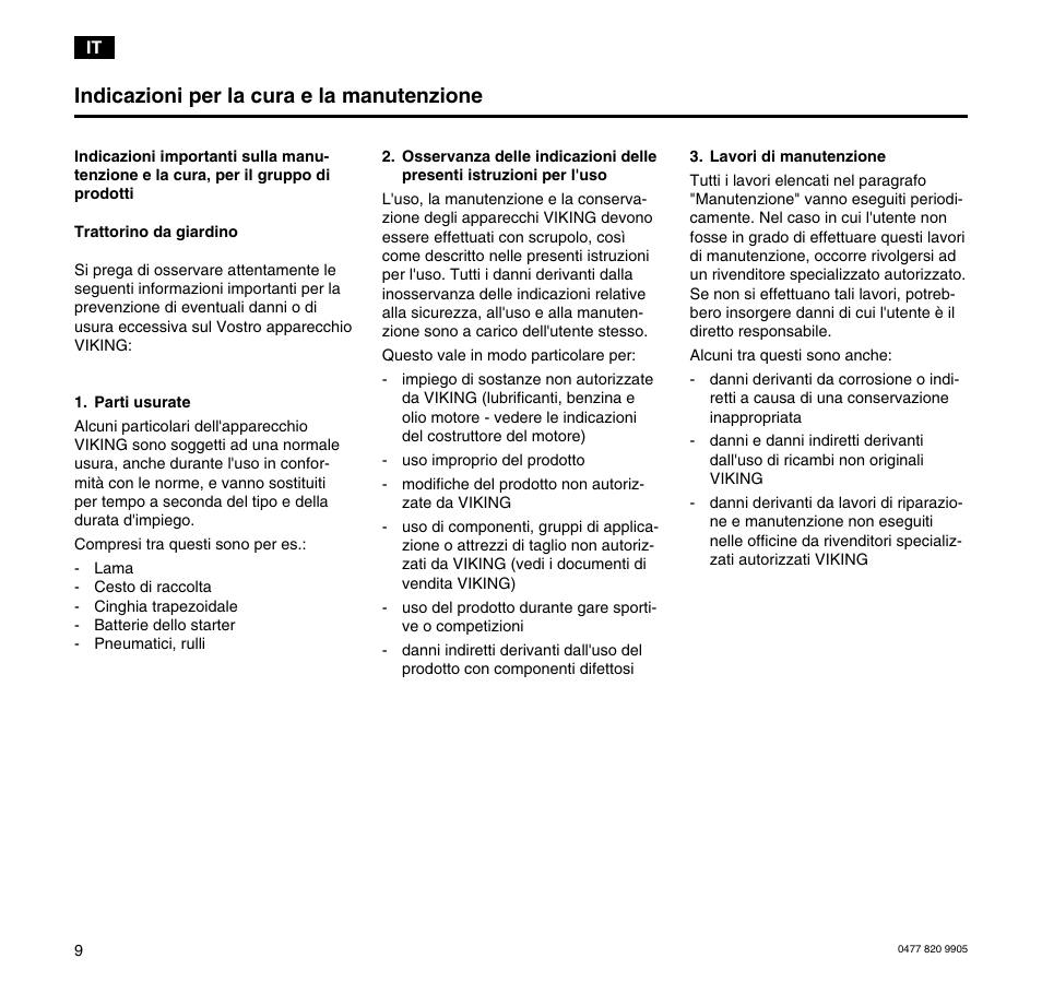 Indicazioni per la cura e la manutenzione | Viking MT 545/MT 545L/MT 585/MT 585L User Manual | Page 10 / 36