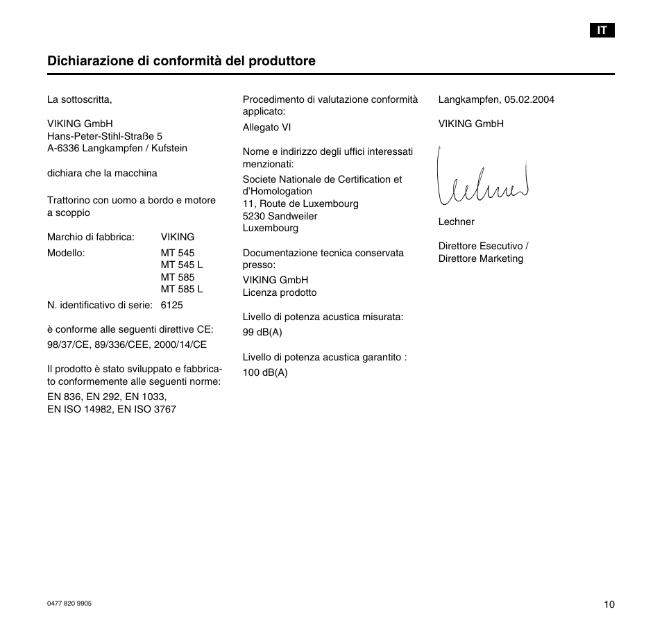 Dichiarazione di conformità del produttore | Viking MT 545/MT 545L/MT 585/MT 585L User Manual | Page 11 / 36