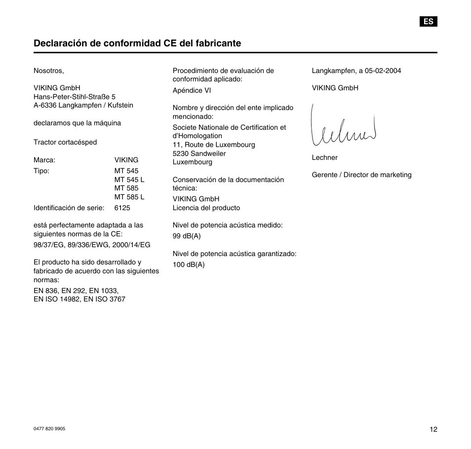 Declaración de conformidad ce del fabricante | Viking MT 545/MT 545L/MT 585/MT 585L User Manual | Page 13 / 36