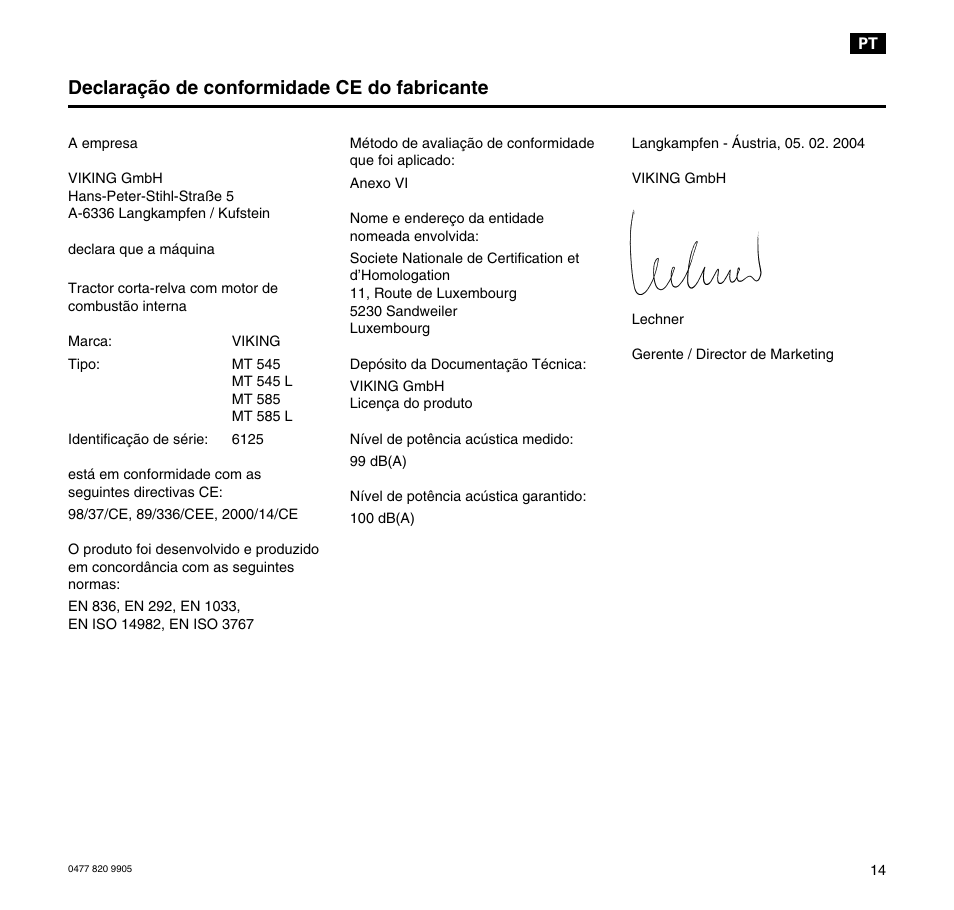 Declaração de conformidade ce do fabricante | Viking MT 545/MT 545L/MT 585/MT 585L User Manual | Page 15 / 36