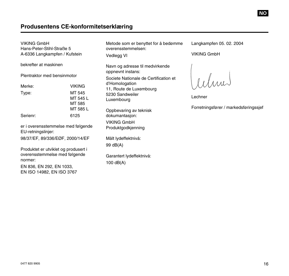 Produsentens ce-konformitetserklæring | Viking MT 545/MT 545L/MT 585/MT 585L User Manual | Page 17 / 36