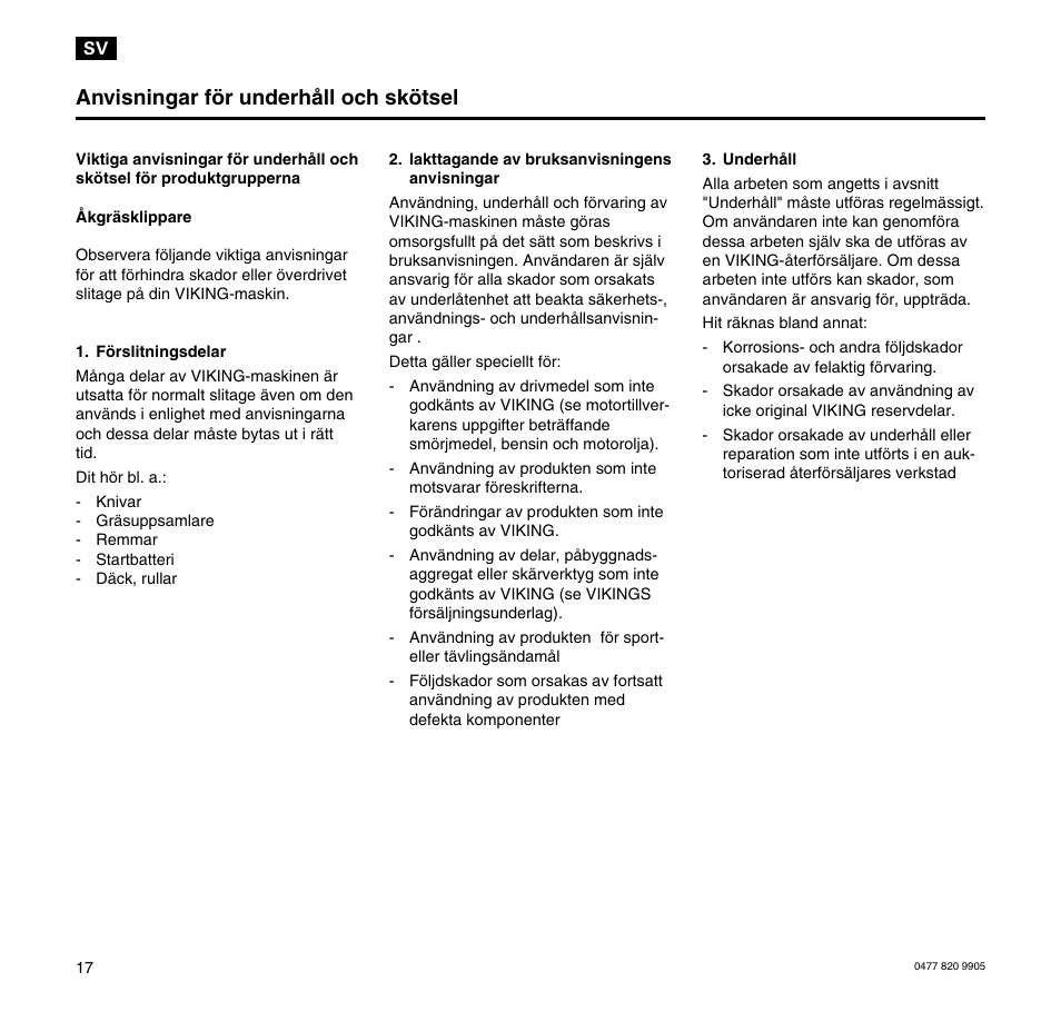 Anvisningar för underhåll och skötsel | Viking MT 545/MT 545L/MT 585/MT 585L User Manual | Page 18 / 36