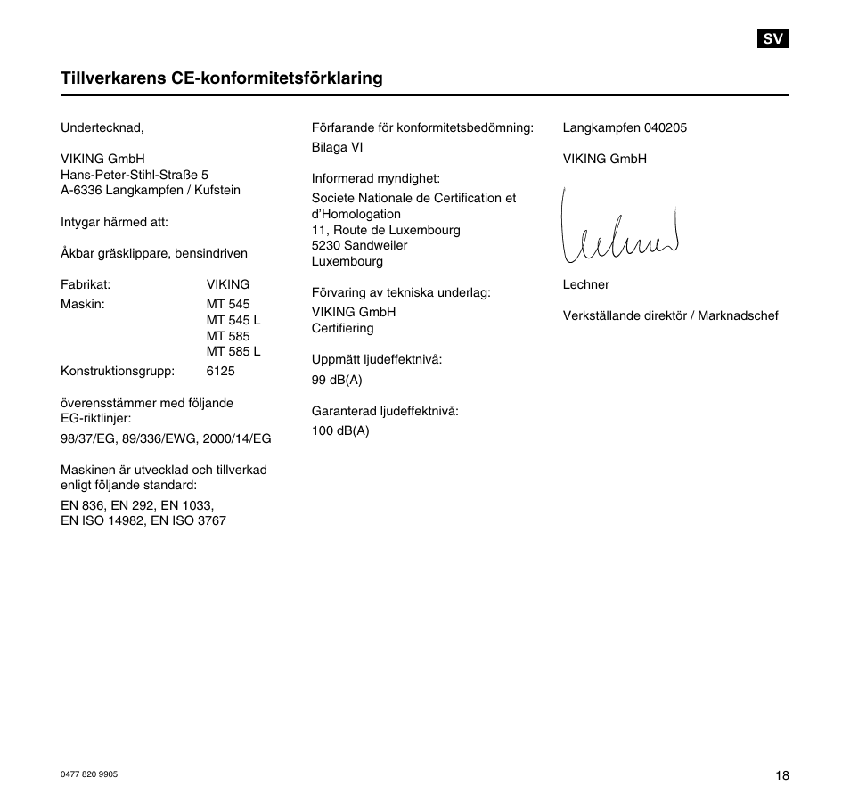 Tillverkarens ce-konformitetsförklaring | Viking MT 545/MT 545L/MT 585/MT 585L User Manual | Page 19 / 36