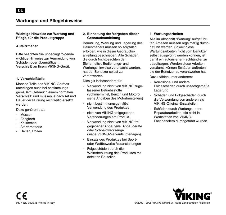 Wartungs- und pflegehinweise | Viking MT 545/MT 545L/MT 585/MT 585L User Manual | Page 2 / 36