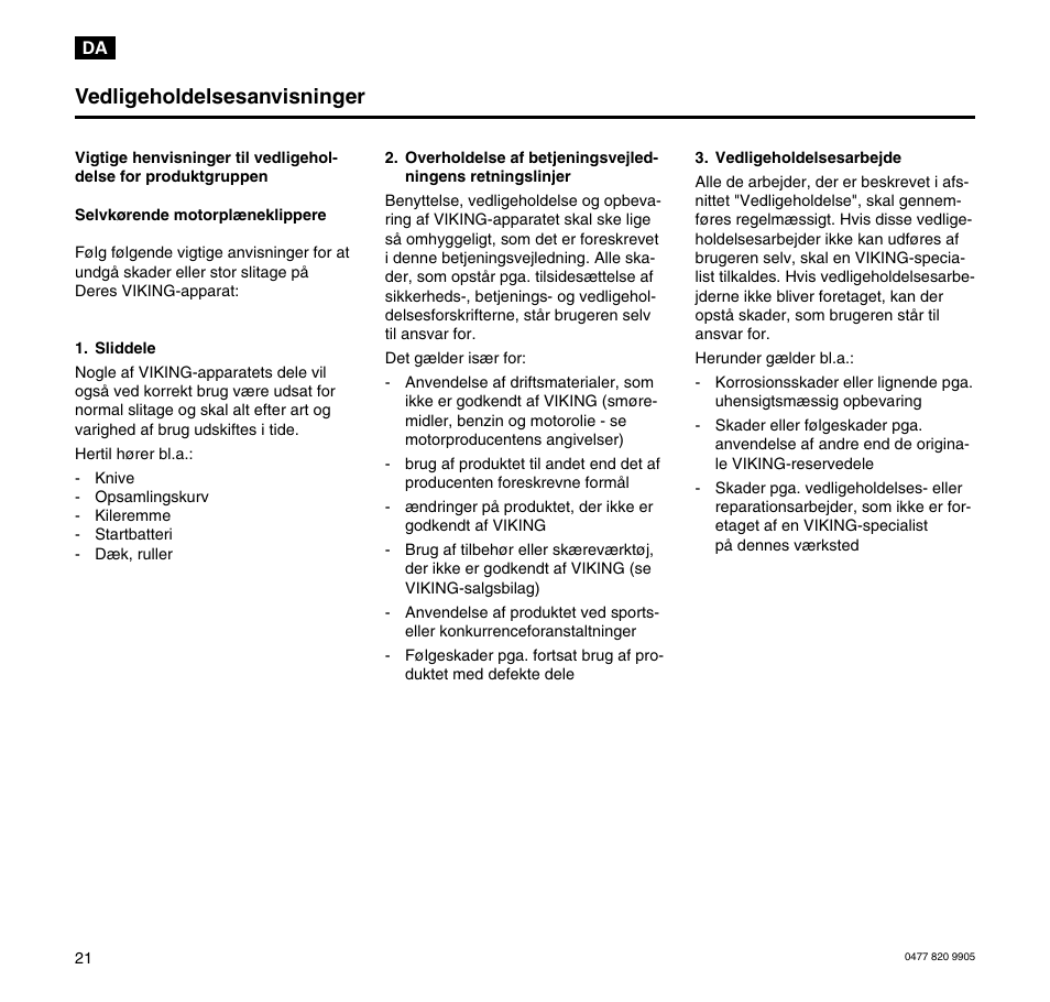 Vedligeholdelsesanvisninger | Viking MT 545/MT 545L/MT 585/MT 585L User Manual | Page 22 / 36