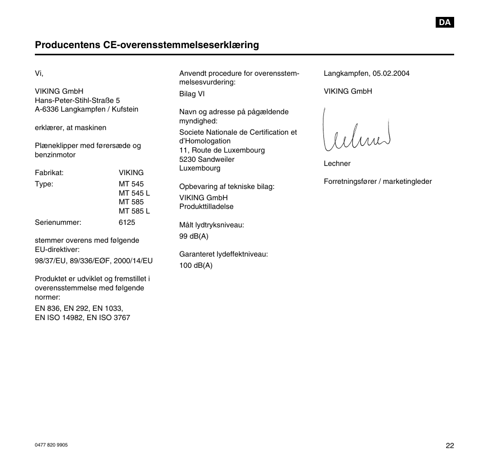 Producentens ce-overensstemmelseserklæring | Viking MT 545/MT 545L/MT 585/MT 585L User Manual | Page 23 / 36