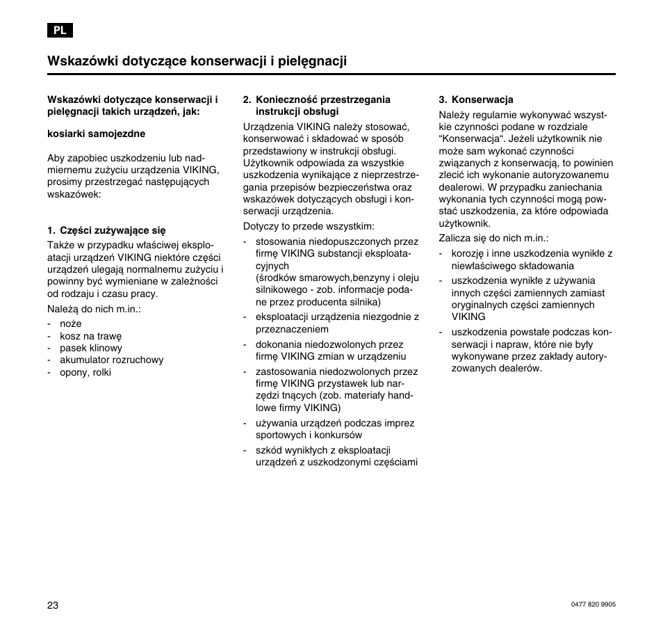 Wskazówki dotyczące konserwacji i pielęgnacji | Viking MT 545/MT 545L/MT 585/MT 585L User Manual | Page 24 / 36