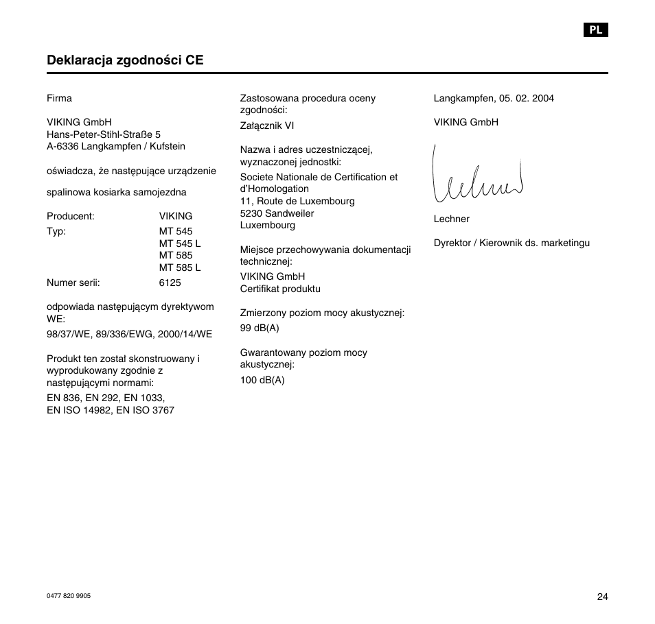 Deklaracja zgodności ce | Viking MT 545/MT 545L/MT 585/MT 585L User Manual | Page 25 / 36