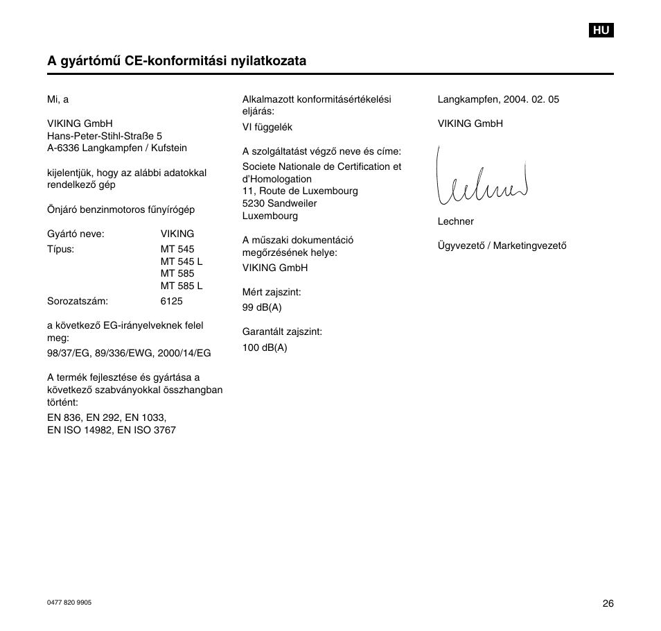 A gyártómű ce-konformitási nyilatkozata | Viking MT 545/MT 545L/MT 585/MT 585L User Manual | Page 27 / 36