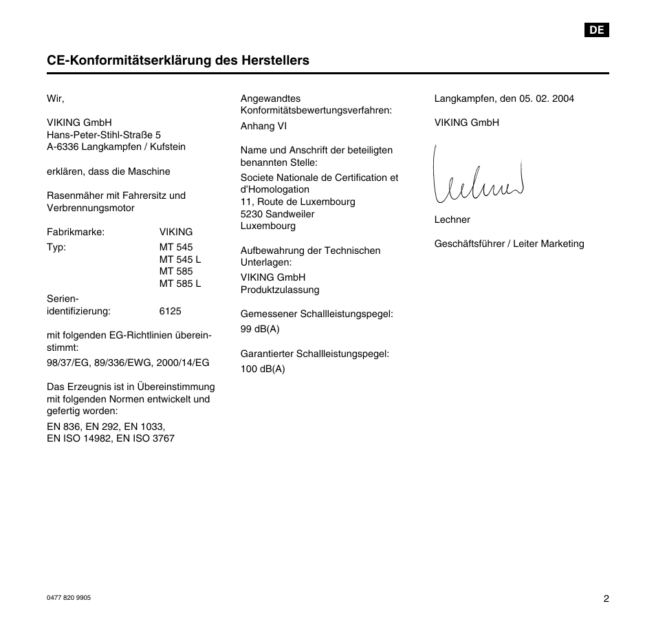 Ce-konformitätserklärung des herstellers | Viking MT 545/MT 545L/MT 585/MT 585L User Manual | Page 3 / 36