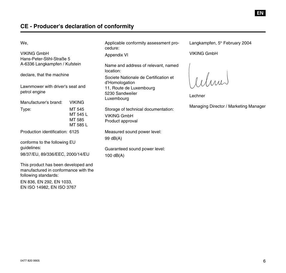 Ce - producer's declaration of conformity | Viking MT 545/MT 545L/MT 585/MT 585L User Manual | Page 7 / 36