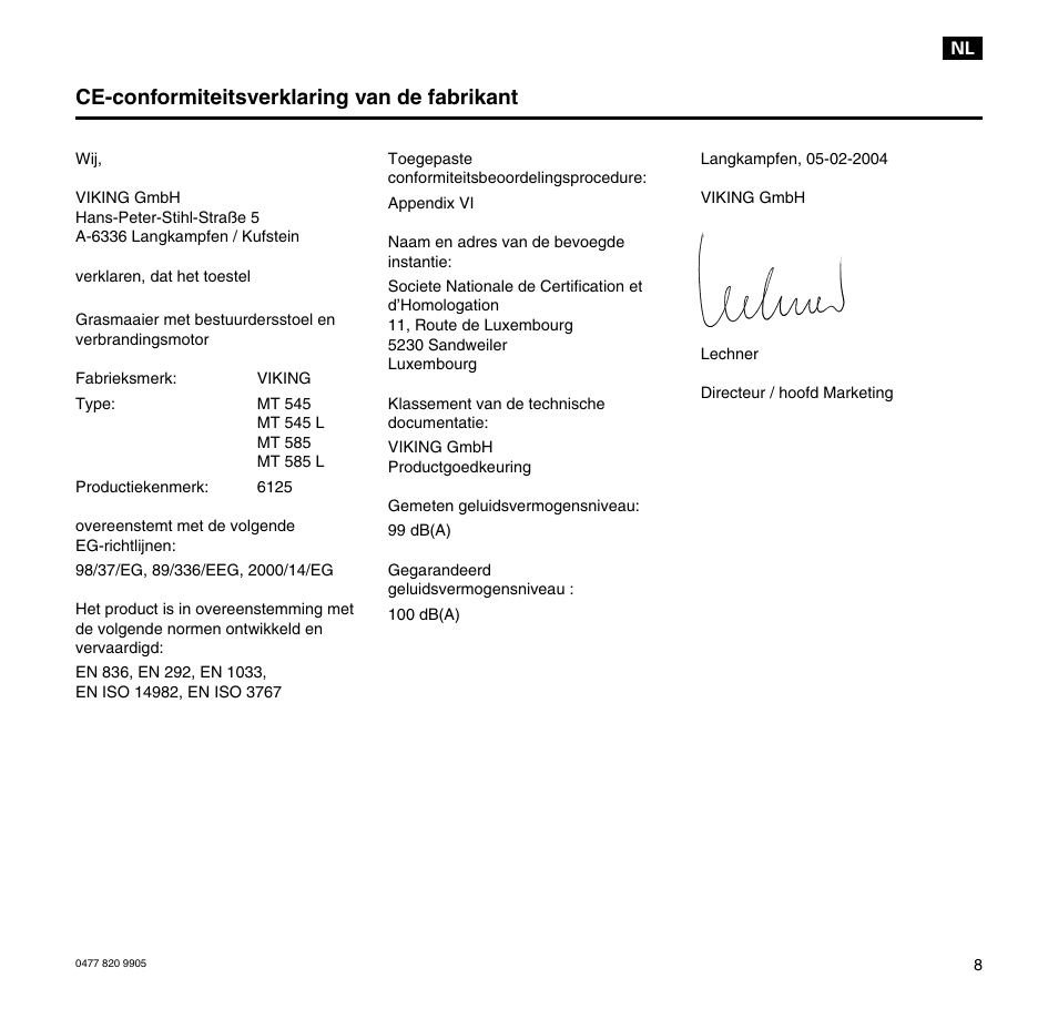 Ce-conformiteitsverklaring van de fabrikant | Viking MT 545/MT 545L/MT 585/MT 585L User Manual | Page 9 / 36