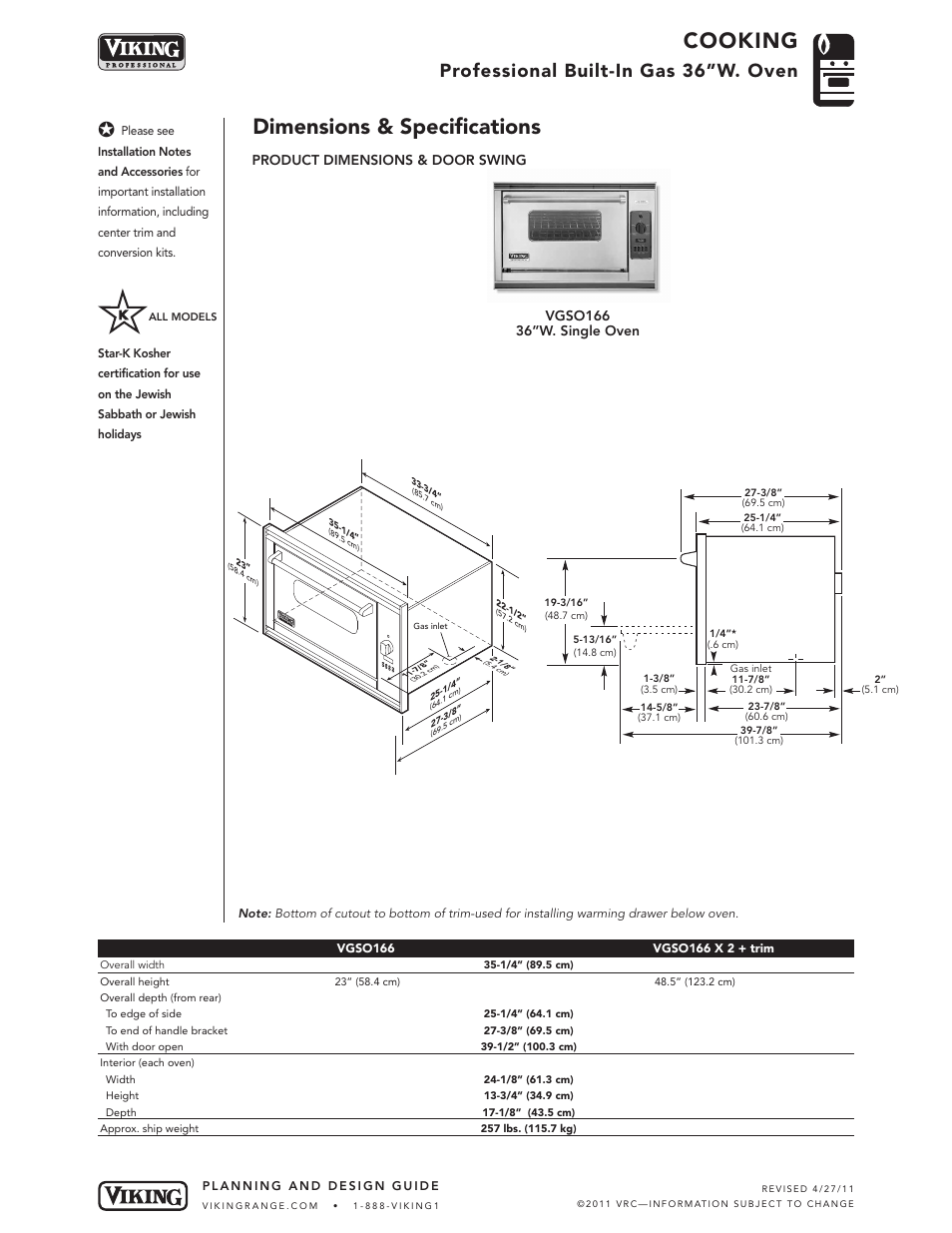 Cooking, Dimensions & specifications, Professional built-in gas 36”w. oven | Product dimensions & door swing | Viking VGSO166 User Manual | Page 2 / 4