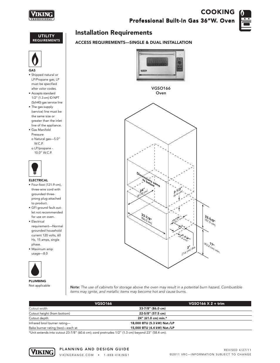 Cooking, Installation requirements, Professional built-in gas 36”w. oven | Viking VGSO166 User Manual | Page 3 / 4