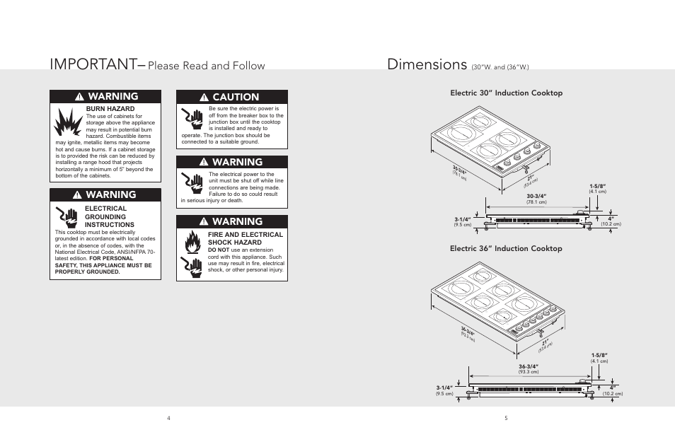 Dimensions (30”w.), Warnings & important safety instructions, Dimensions | Important, Please read and follow, Caution, Warning, Electric 30” induction cooktop, Electric 36” induction cooktop | Viking F20529 User Manual | Page 3 / 8