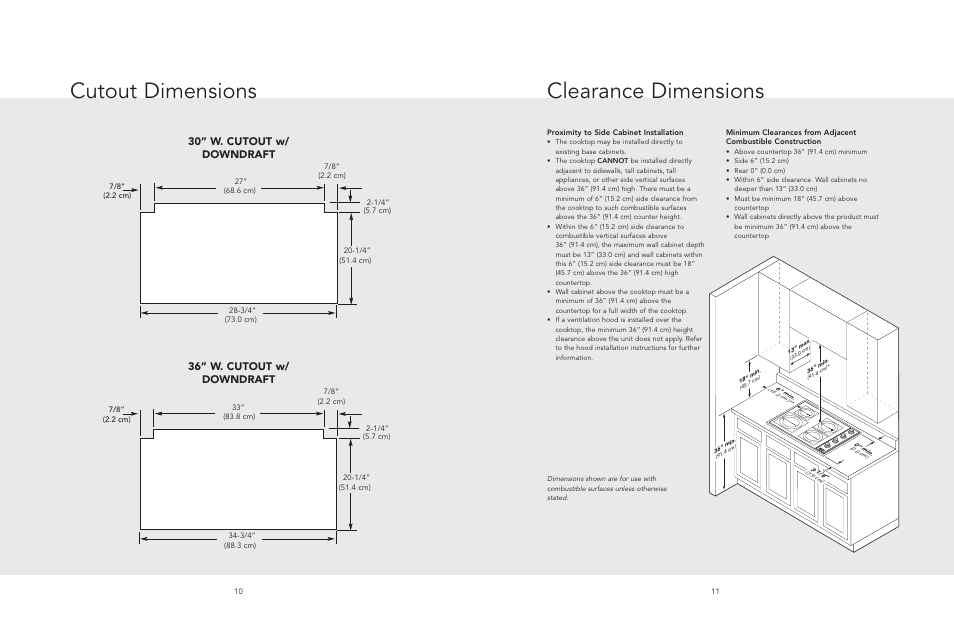 Clearance dimensions, Cutout dimensions, 30” w. cutout w/ downdraft | 36” w. cutout w/ downdraft | Viking F20529 User Manual | Page 6 / 8