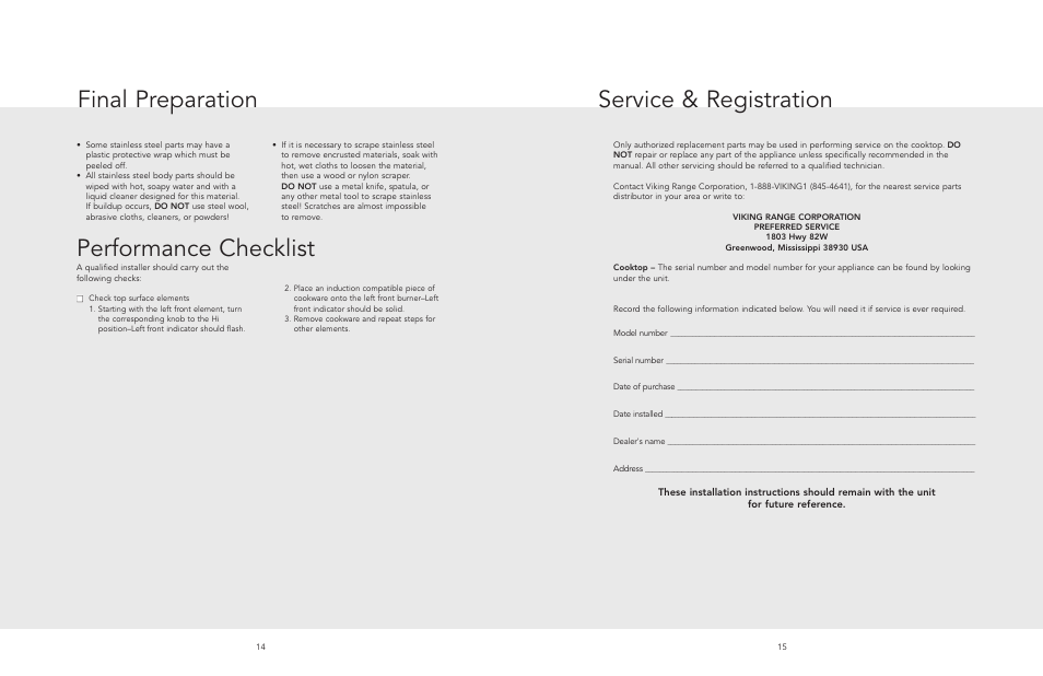 Final preparatio, Performance checklis, Service & registratio | Final preparation, Performance checklist, Service & registration | Viking F20529 User Manual | Page 8 / 8