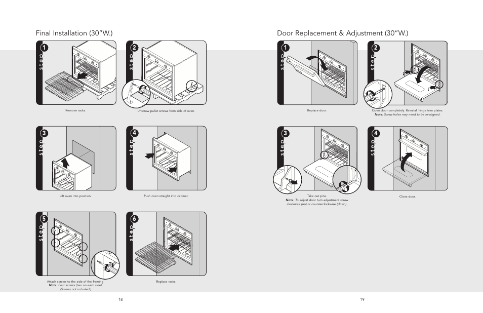 Installation (30”w, Door replacement & adjustment (30”w, Door replacement & adjustment (30”w.) | Final installation (30”w.) | Viking F20518A User Manual | Page 10 / 16