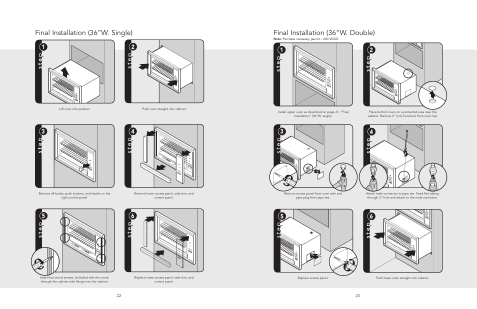 Door replacement & adjustment (36”w, Optional center trim installation (36”w. double), Final installation (36”w. double) | Final installation (36”w. single) | Viking F20518A User Manual | Page 12 / 16