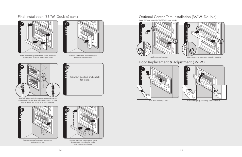 Final preparatio, Performance checklis, Door replacement & adjustment (36”w.) | Final preparation, Optional center trim installation (36”w. double), Final installation (36”w. double), Op t io n 1 o p t io n 2 | Viking F20518A User Manual | Page 13 / 16