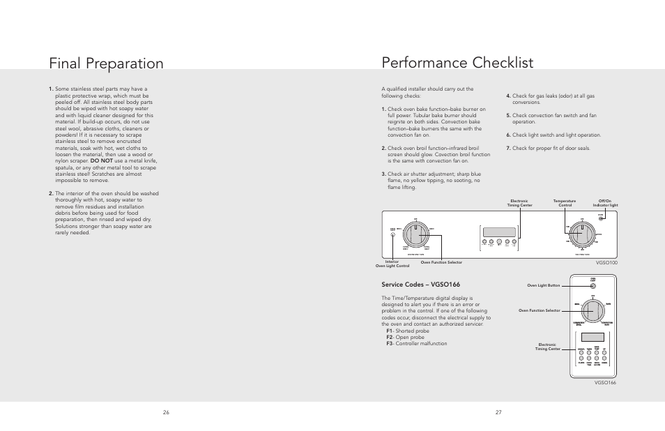 Service & registratio, Performance checklist service & registration, Performance checklist | Final preparation, Service codes – vgso166 | Viking F20518A User Manual | Page 14 / 16