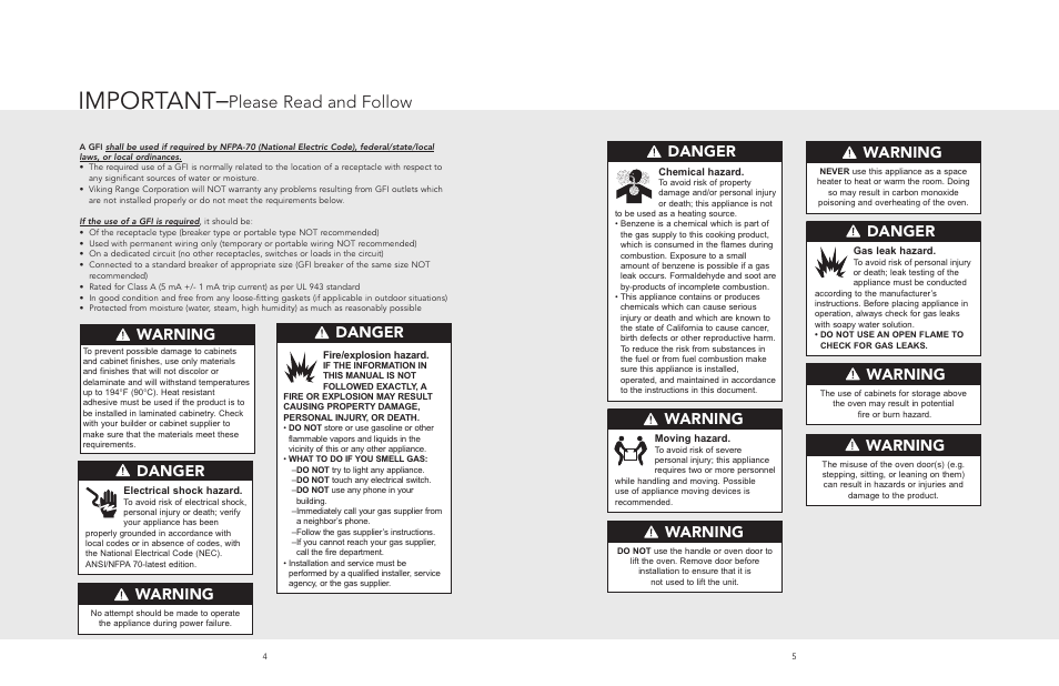 Important, Please read and follow, Danger | Warning | Viking F20518A User Manual | Page 3 / 16