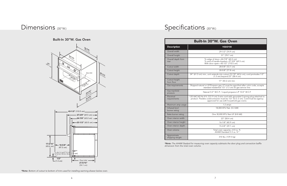 Dimensions (30”w, Specifications, Dimensions | Built-in 30“w. gas oven, Built-in 30”w. gas oven, 30”w.), Description | Viking F20518A User Manual | Page 4 / 16