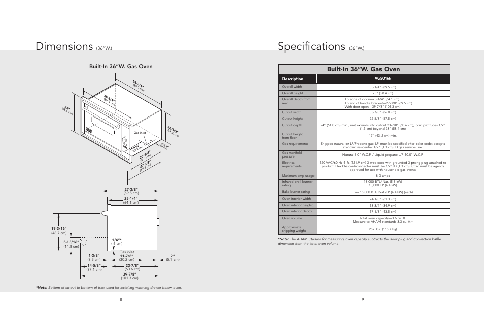 Specifications, Dimensions, Built-in 36“w. gas oven | Built-in 36”w. gas oven, 36”w.) | Viking F20518A User Manual | Page 5 / 16