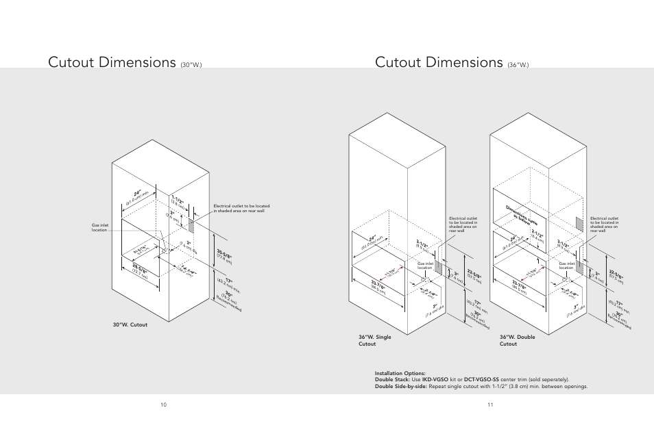 Cutout dimensions (36”w, Cutout dimensions (30”w.), Cutout dimensions | 36”w.), 30”w.) | Viking F20518A User Manual | Page 6 / 16