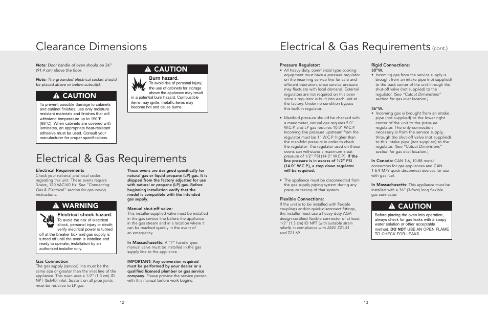 Clearance dimension, Electrical & gas requirements, Cutout dimensions (36”w.) clearance dimensions | Clearance dimensions, Caution, Warning, Cont.) | Viking F20518A User Manual | Page 7 / 16