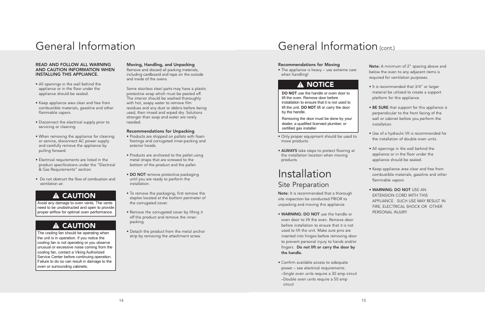 General informatio, Installation (30”w, Door removal (30”w | Installation (36”w, Door removal (30”w.), Door replacement & adjustment (30”w.), Installation (36”w.), Installation, General information, Caution | Viking F20518A User Manual | Page 8 / 16