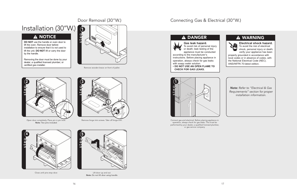 Installation (30”w.), Connecting gas & electrical (30”w.) danger, Warning | Notice, Door removal (30”w.) | Viking F20518A User Manual | Page 9 / 16