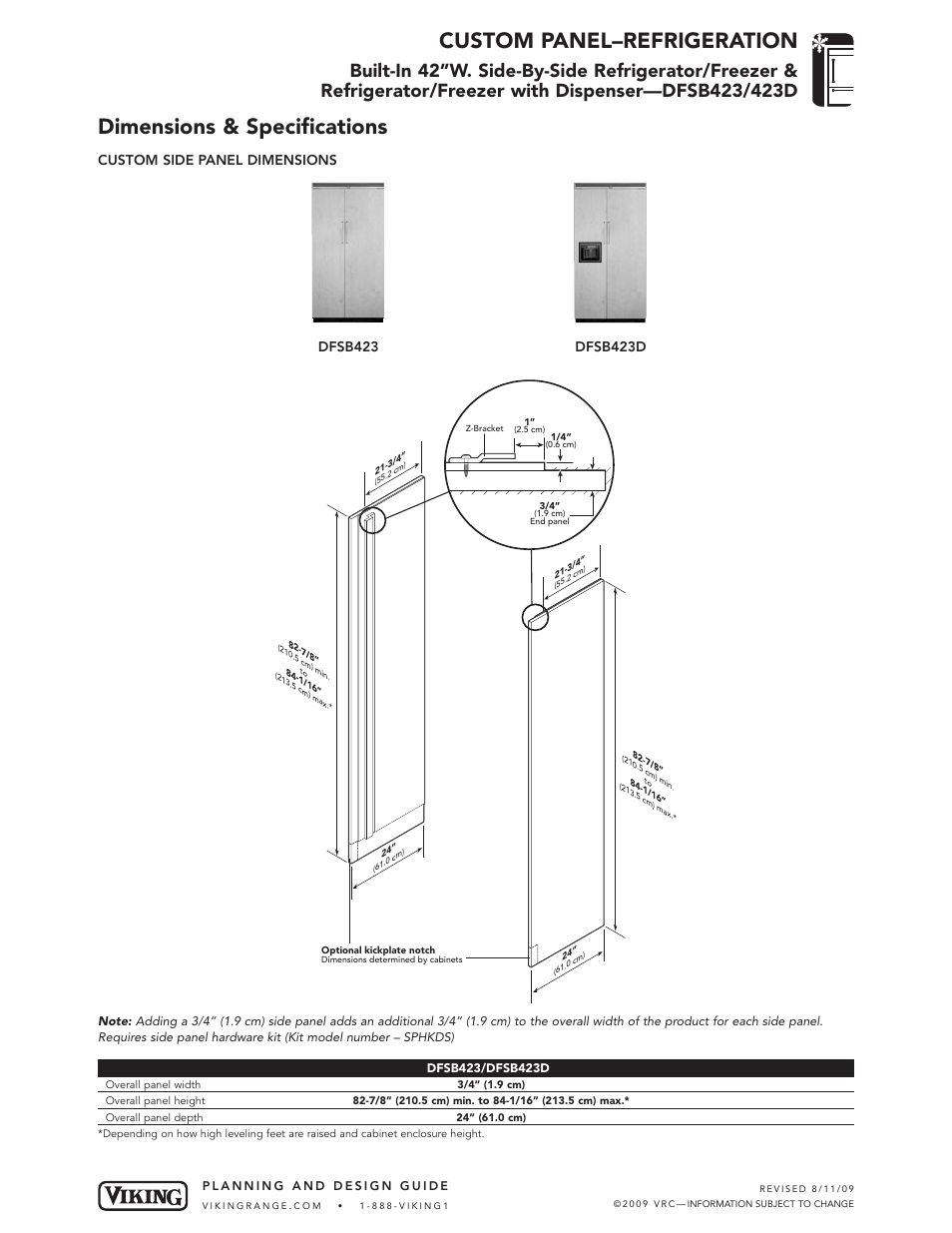 Custom panel–refrigeration, Dimensions & specifications | Viking DFSB423/423D User Manual | Page 2 / 3