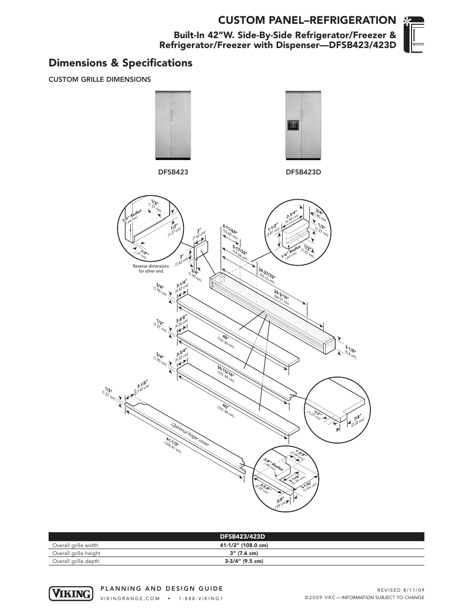 Custom panel–refrigeration, Dimensions & specifications | Viking DFSB423/423D User Manual | Page 3 / 3